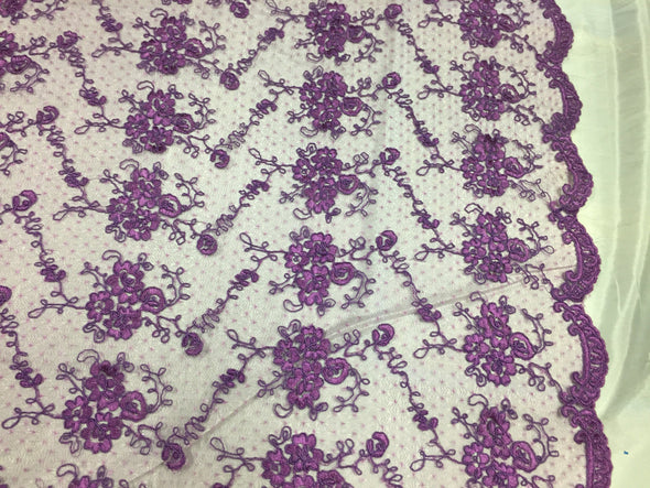Sensational purple flowers Embroider And Corded On a Polkadot Mesh Lace-prom-nightgown-decorations-dresses-sold by the yard.