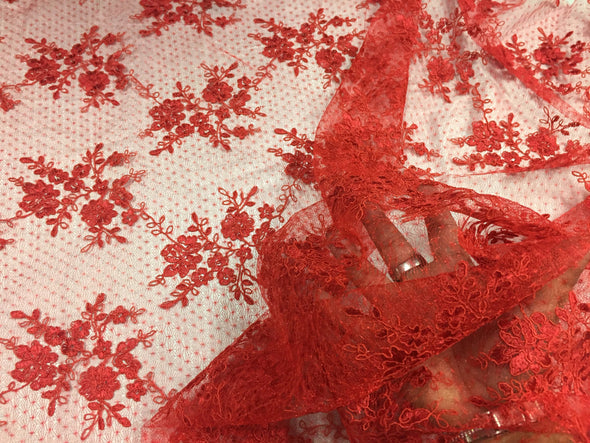 Sensational red Flowers Embroider And Corded On a Polka dot Mesh Lace-prom-nightgowns-decorations-dresses-Sold by the yard.