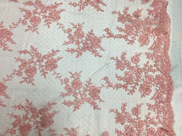 Sensational dusty Rose flowers Embroider And Corded On a Polkadot Mesh Lace-prom-nightgown-decorations-dresses-sold by the yard.