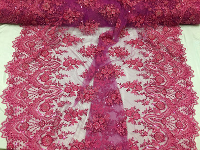 Stunning fuchsia shimmering flowers Embroider And Beaded On A mesh lace -yard
