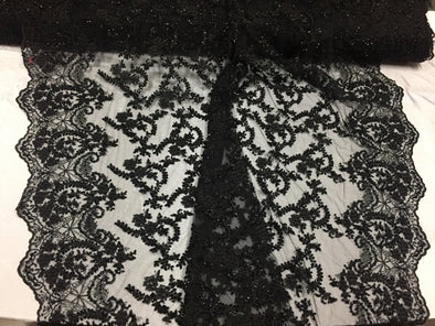 Majestic black Vine Design Embroider And Heavy Beaded On A Mesh Lace-prom-nightgown-decorations-dresses-sold by the yard.