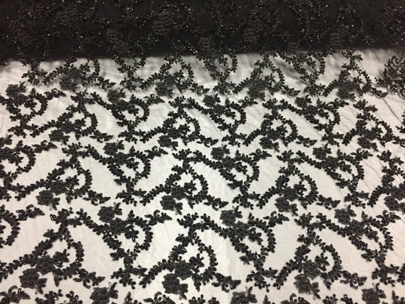 Majestic black Vine Design Embroider And Heavy Beaded On A Mesh Lace-prom-nightgown-decorations-dresses-sold by the yard.
