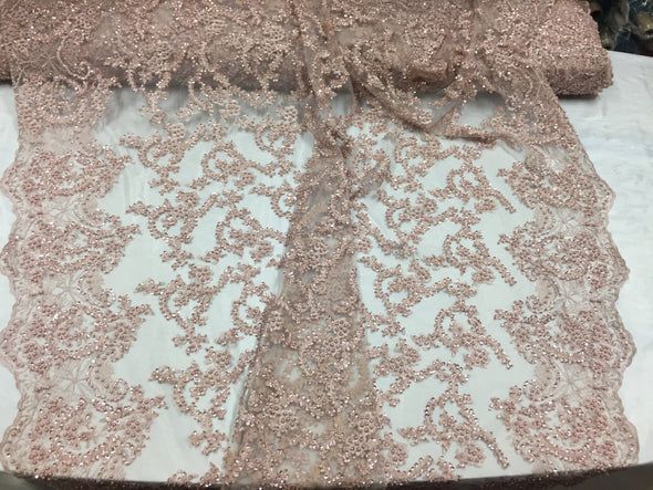 Majestic blush vine design embroider and heavy beading on a mesh lace-prom-nightgown-decorations-dresses-sold by the yard.