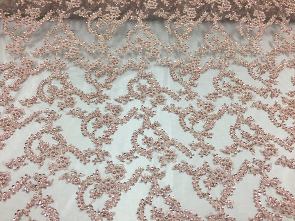 Majestic blush vine design embroider and heavy beading on a mesh lace-prom-nightgown-decorations-dresses-sold by the yard.