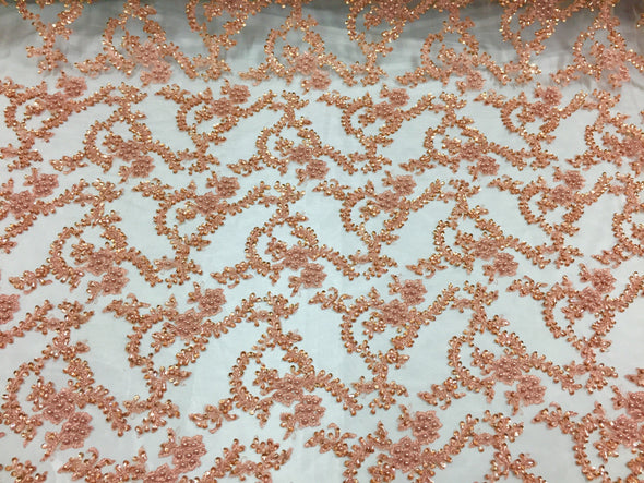 Majestic copper shinny Vine Design Embroider And Heavy Beaded On A mesh lace -yd