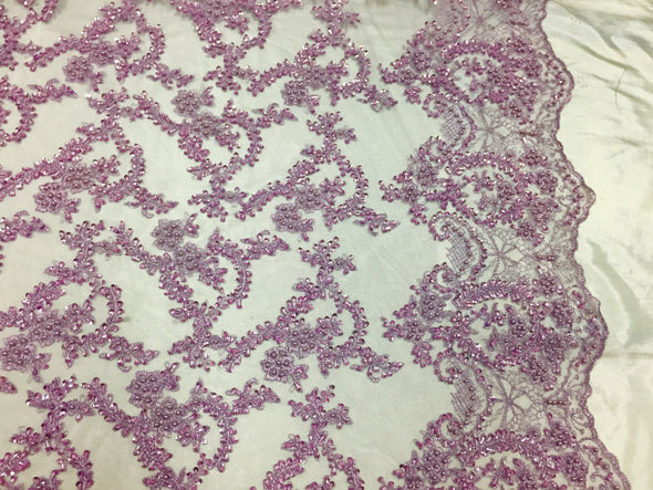 Majestic lilac vine design embroider wnd Heavy Beaded On A Mesh Lace-prom-nightgown-decorations-dresses-sold by the yard.