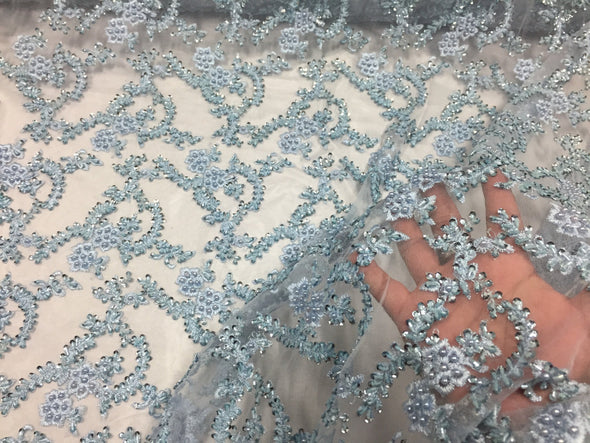 Majestic light Blue Shinny vine design embroider and heavy beading on a mesh lace-prom-nightgown-decorations-dresses-sold by the yard.