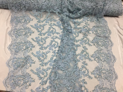 Majestic light Blue Shinny vine design embroider and heavy beading on a mesh lace-prom-nightgown-decorations-dresses-sold by the yard.