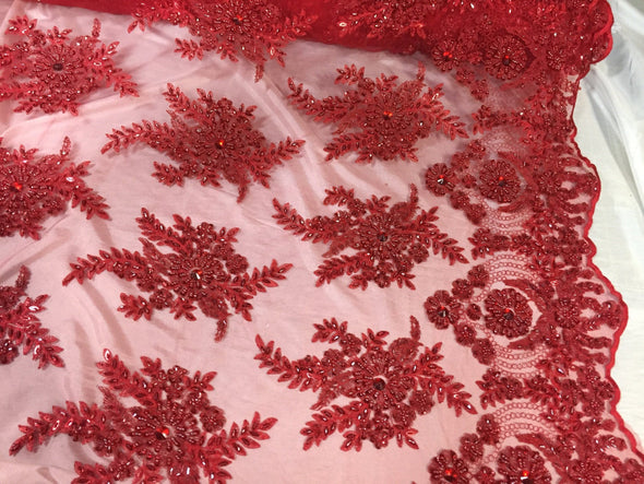 Red imperial flower design embroider and beaded on a mesh lace -Sold by the yard