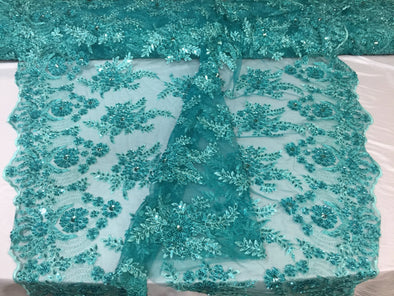 Jade imperial flower design embroider and beaded on a mesh lace -yd