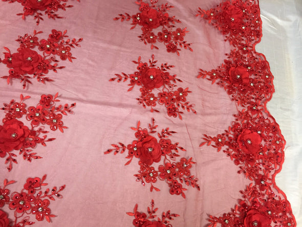 Lavish red 3D flower design embroider and beaded on a mesh lace -Sold by the yard