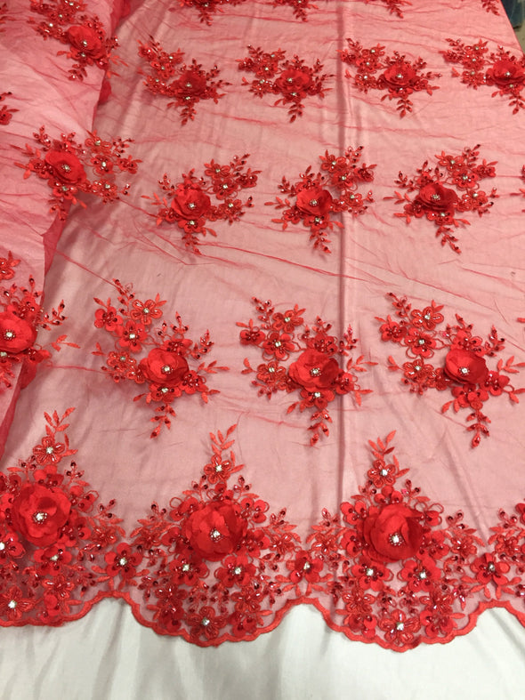 Lavish red 3D flower design embroider and beaded on a mesh lace -yard