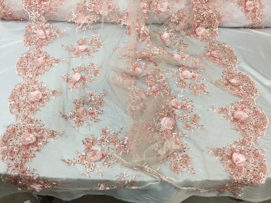 Lavish Blush peach 3D dower design embroider and beaded on a mesh lace-Sold by the yard