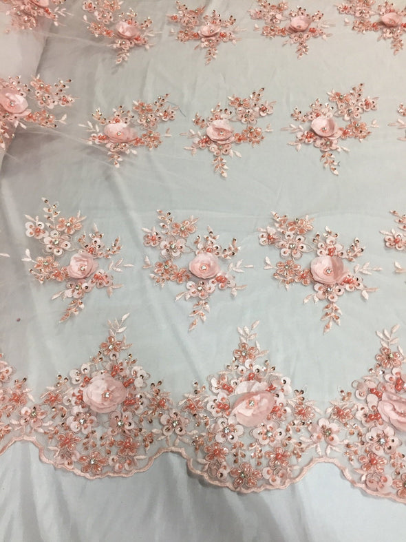 Lavish blush peach 3D dkower design embroider and beaded on a mesh lace-yd