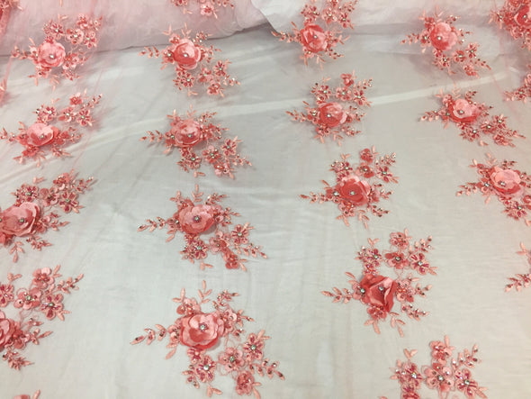 Lavish coral 3d flower design embroider and beaded on a mesh lace -yd