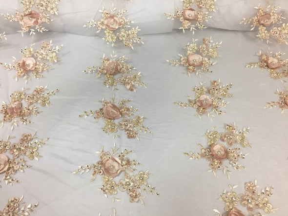 Lavish champagne 3D flower embroider and beaded on a mesh lace -yd