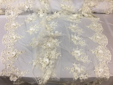 Lavish Ivory 3D flowers embroider and beaded on a mesh lace -Sold by the yard