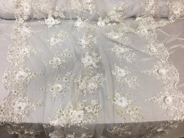 Lavish White 3D flower design embroider and beaded on a mesh lace -Sold by the yard