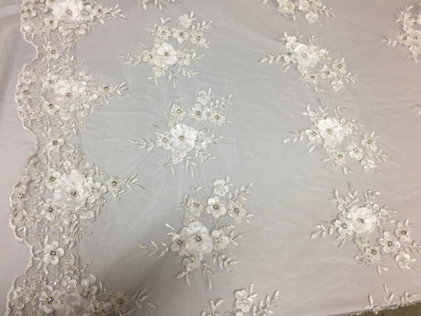 Lavish White 3D flower design embroider and beaded on a mesh lace -Sold by the yard