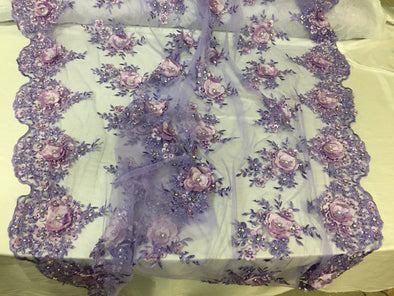 Lavish lilac 3D flower design embroider and beaded on a mesh lace -yd