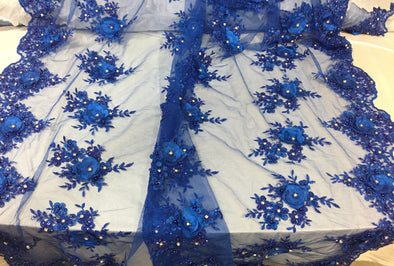 Lavish royal blue 3D flowers embroider and beaded on a mesh lace -yd
