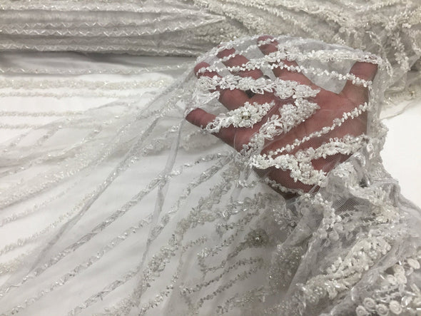 Off white princes design embroider and beaded on a mesh lace-prom-bridal-wedding-nightgown-decorations-Sold by the yard.