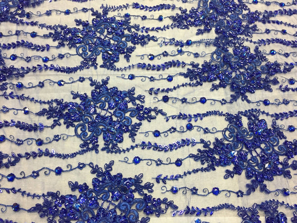 Royal Blue magnificent design embroider and heavy beaded on a mesh lace -yard