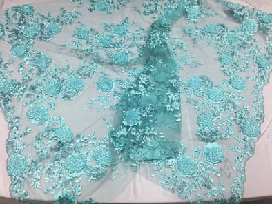 Aqua metallic fanciful 3D fowers ebroider with rhinestones on a mesh lace -yard