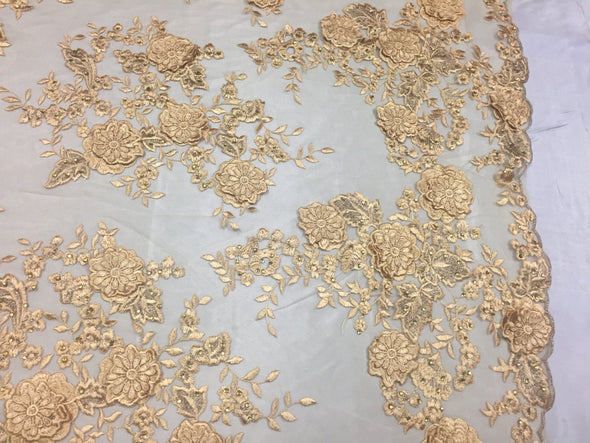Gold metallic fanciful 3D flowers embroider with rhinestones on a mesh lace-yard