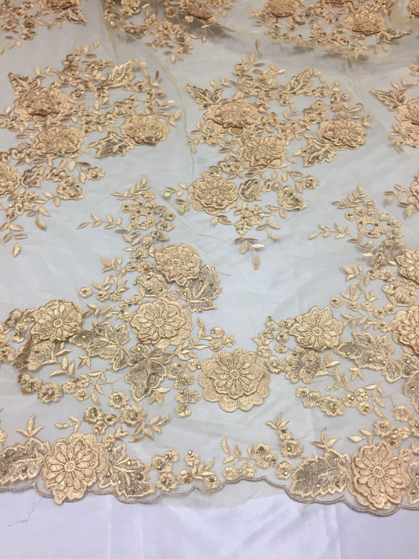Gold metallic fanciful 3D flowers embroider with rhinestones on a mesh lace-yard