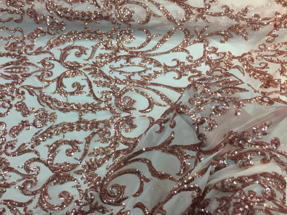 Blush Peach damask design embroider with Sequins on a 2 way stretch Mesh-prom-decorations-nightgown-dresses-sold by the yard.