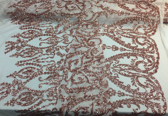 Blush Peach damask design embroider with Sequins on a 2 way stretch Mesh-prom-decorations-nightgown-dresses-sold by the yard.