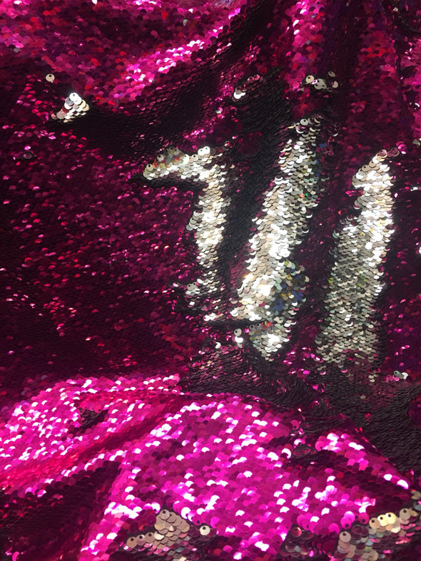 Shinny fuchsia mermaid fish scales 2 way stretch flip flop sequins-prom-nightgown-dresses-decorations-sold by the yard.