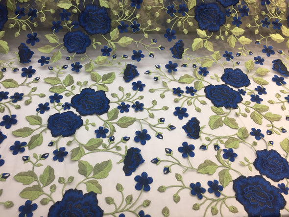 Dark blue flower garden design  embroider on a mesh lace-wedding-bridal-prom-nightgown-decorations-sold by the yard.