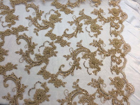 Amazing champagne  pearl design embroider and heavy beaded on a mesh lace-prom-nightgown-decorations-sold by the yard.