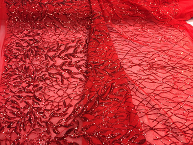 Dazziling red fashion tree embroider with Sequins on a mesh lace-prom-nightgown-decorations-sold by the yard