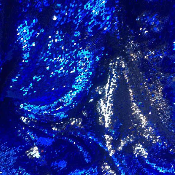Royal blue/ silver shinny mermaid fish scale 2 way stretch flip flop fabric-prom-nightgown-dresses-decorations-sold by the yard.