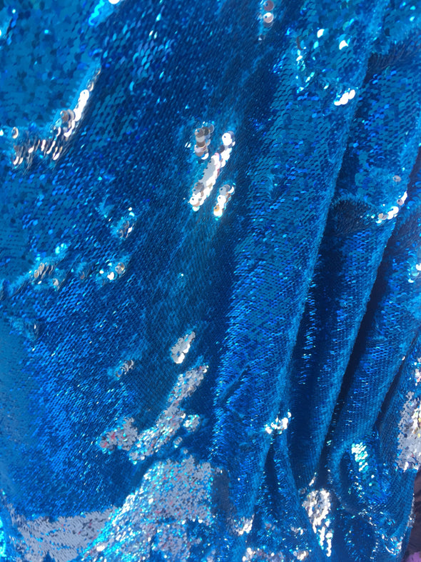 Turquoise/silver  shinny mermaid fish scale 2 way stretch flip flop fabric-prom-nightgown-decorations-dresses-sold by the yard .