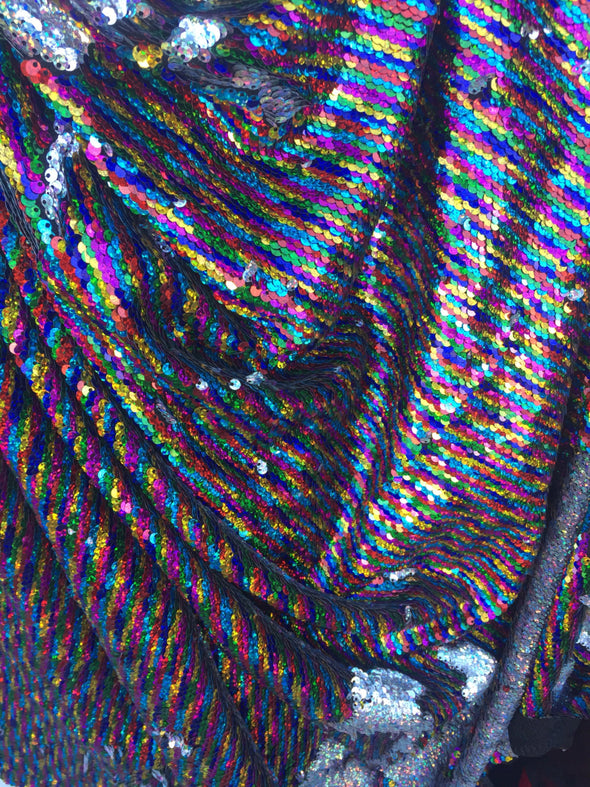 Silver/ rainbow shinny mermaid fish scale2 way stretch flip flop fabric-dresses-prom-nightgowns-decorations-sold by the yard.