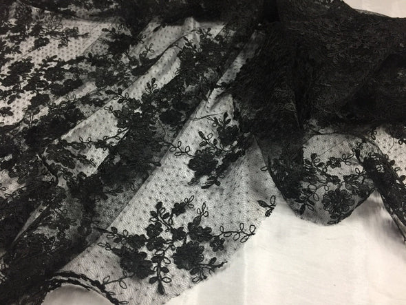 Sensational black flowers Embroider And Corded On a Polkadot Mesh Lace-prom-nightgown-decorations-dresses-sold by the yard.