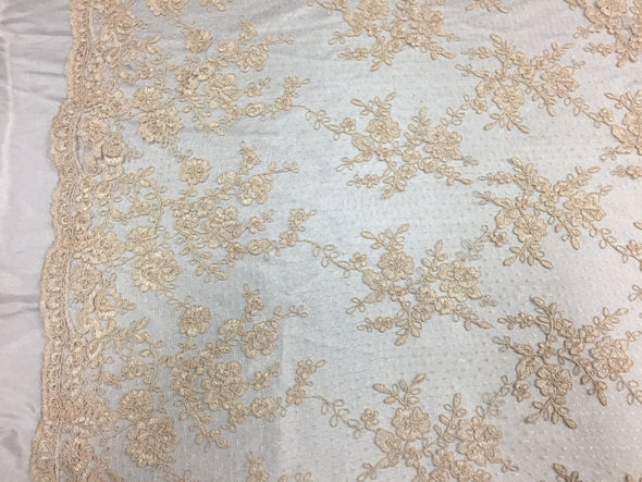 Sensational cream flowers Embroider And Corded on a Polkadot Mesh Lace-prom-nightgown-decorations-dresses-sold by the yard.