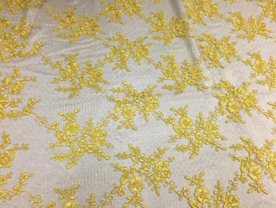 Sensational yellow flowers Embroider And corded On A Polkadot Mesh Lace-prom-nightgown-decorations-dresses-sold by the yard.