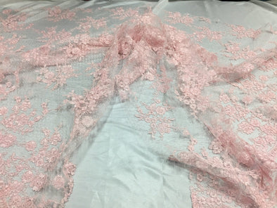 Sensational Light pink flowers Embroider And Corded On a Polkadot Mesh Lace-prom-nightgown-decorations-dresses-sold by the yard.