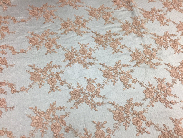 Sensational Peach Flowers Embroider And Corded On a Polka dot Mesh Lace-prom-nightgown-decorations-dresses-Sold by the yard.