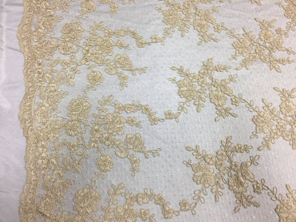 Sensational champagne flowers Embroider And Corded On a Polkadot Mesh Lace-prom-nightgown-decorations-dresses-sold by the yard.