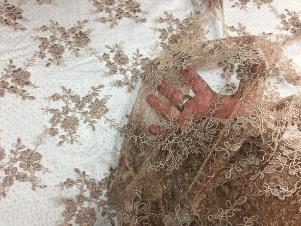 Sensational light brown flowers Embroider And Corded On a Polkadot Mesh Lace-prom-nightgown-decorations-dresses-sold by the yard.