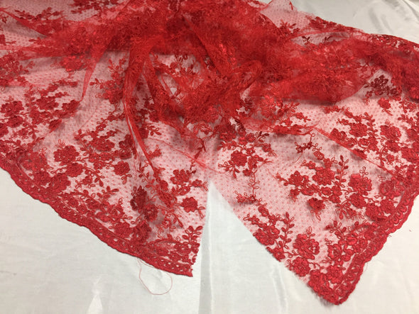 Sensational red Flowers Embroider And Corded On a Polka dot Mesh Lace-prom-nightgowns-decorations-dresses-Sold by the yard.