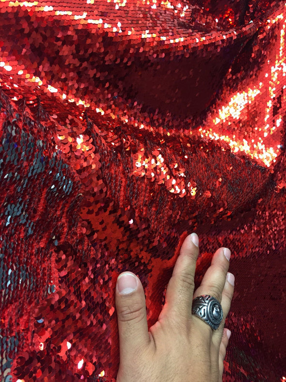 Red/silver shinny mermaid fish scales- 2 way stretch lycra-flip flop sequins- dragon scales-prom-nightgown-prom-decorations-sold by the yard