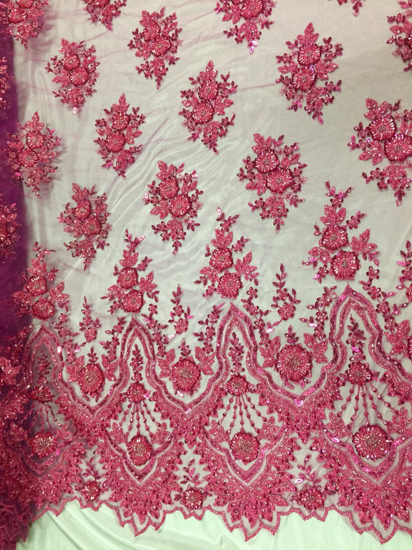 Stunning fuchsia shimmering flowers Embroider And Beaded On A mesh lace -yard