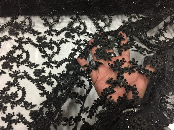 Majestic black Vine Design Embroider And Heavy Beaded On A Mesh Lace-prom-nightgown-decorations-dresses-sold by the yard.
